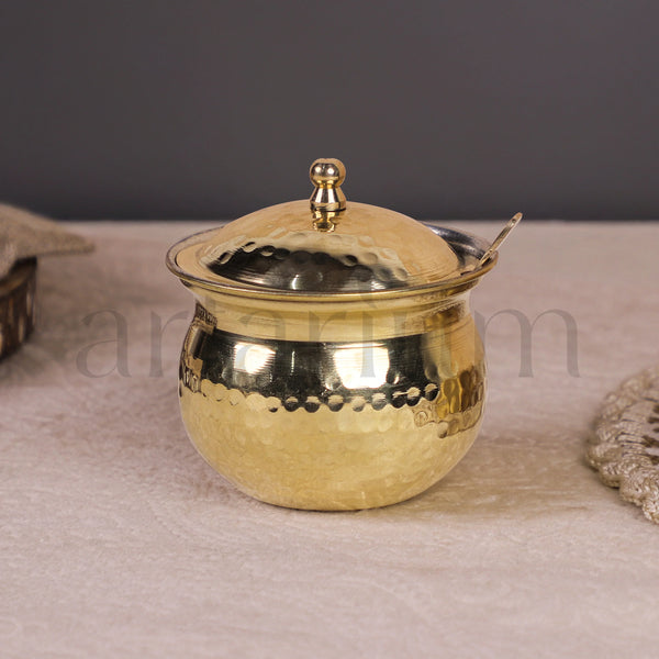 Brass Hammered Ghee Pot with Spoon & Lid