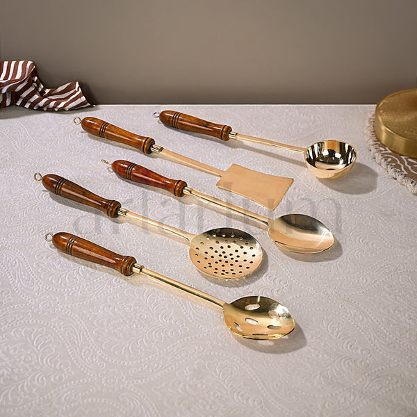 Premium Brass Ladle Set with Wooden Handles