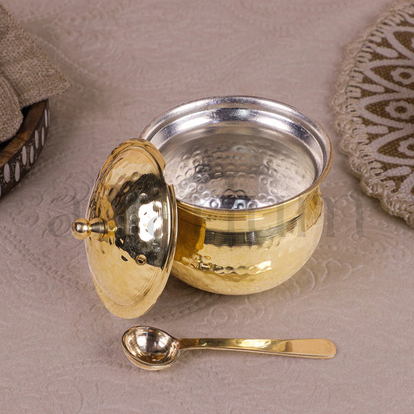 Brass Hammered Ghee Pot with Spoon & Lid