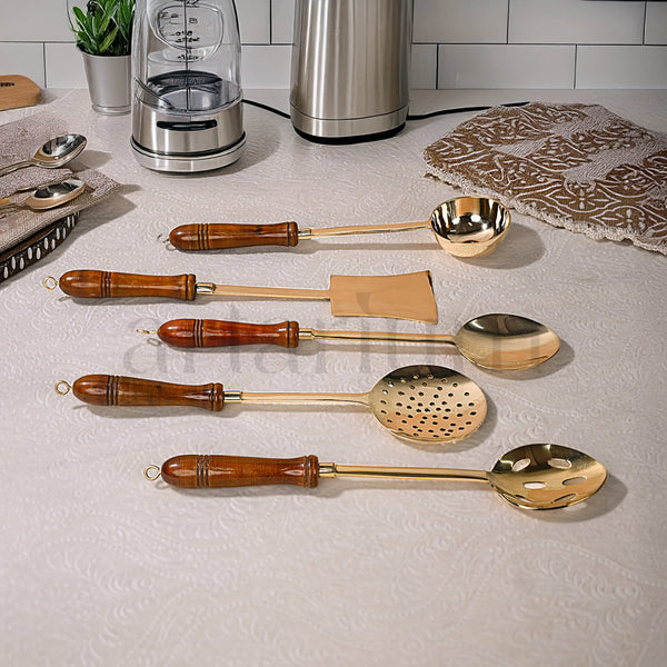 Premium Brass Ladle Set with Wooden Handles