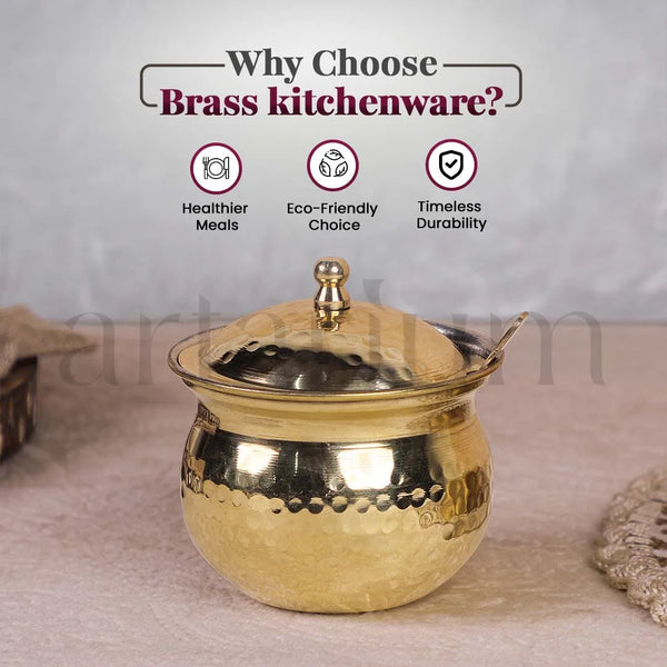 Brass Hammered Ghee Pot with Spoon & Lid