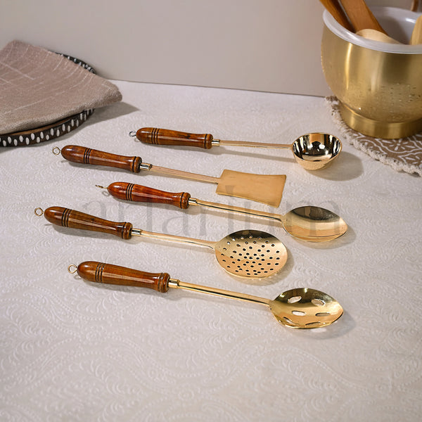 Premium Brass Ladle Set with Wooden Handles